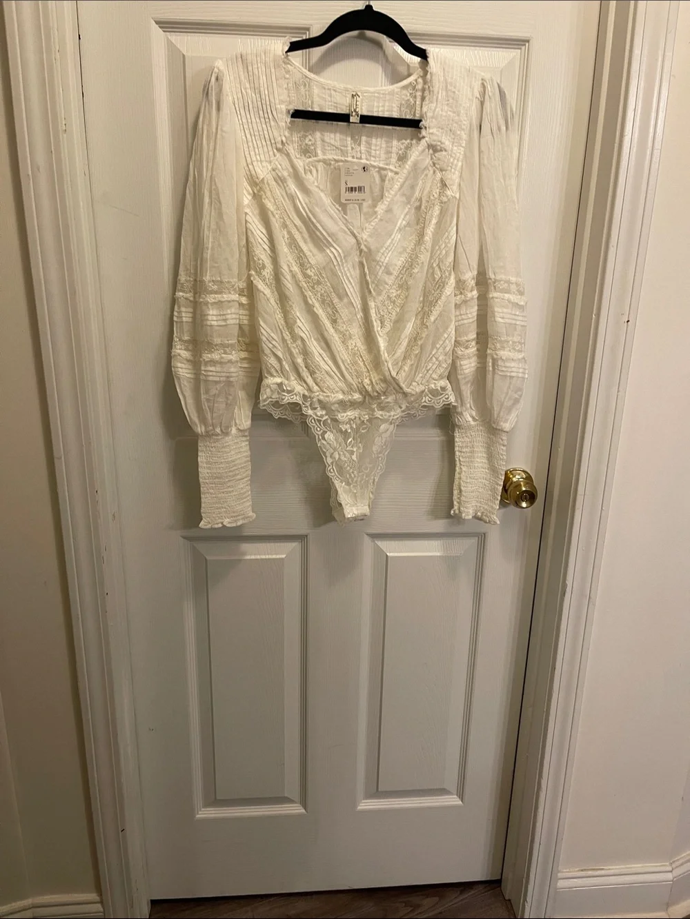 Free People Cream Lace-Trim Wrap Bodysuit Top